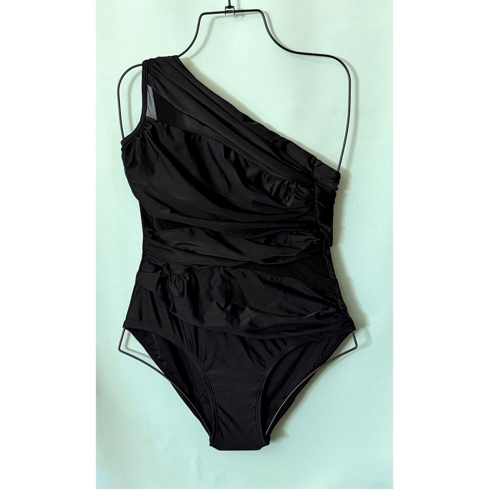 Cocoship One Shoulder One Piece Swimsuit Womens 8 Black Ruched Mesh
